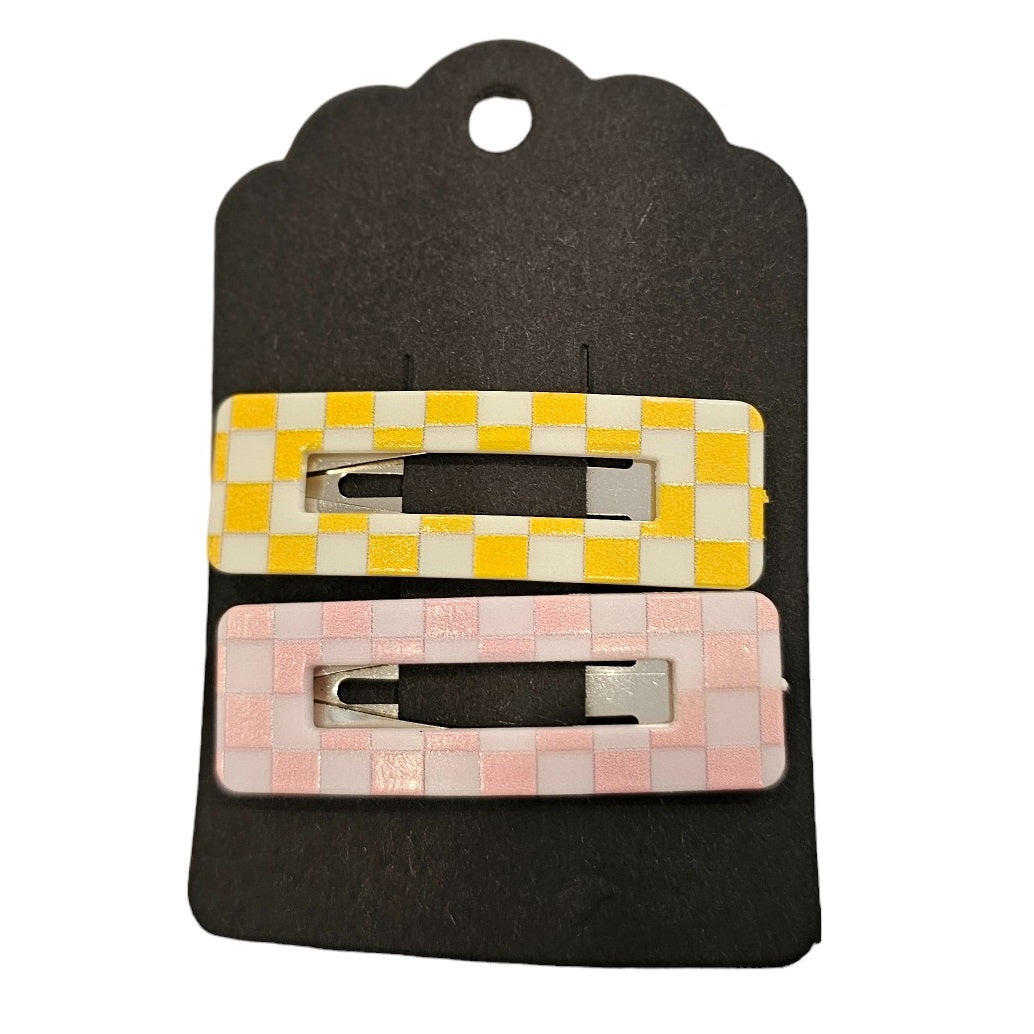 Girl Plaid Pattern Clips - 2 Pcs - Yellow/Pink