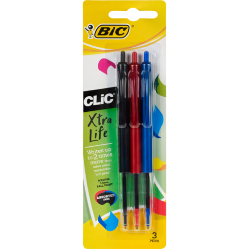 BIC Clic Ball Point Pen Assorted 3pk