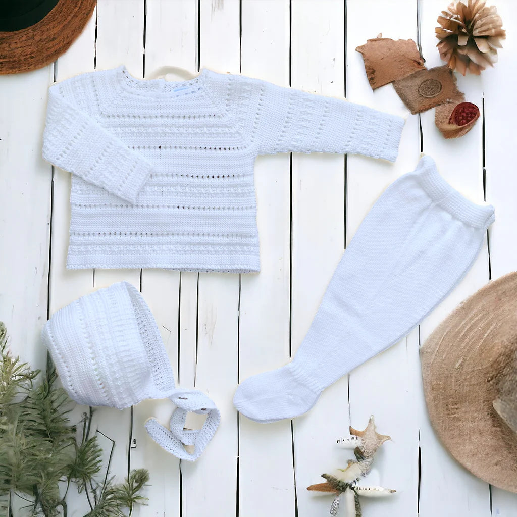 White Unisex Three Piece Knitted Set - 6m