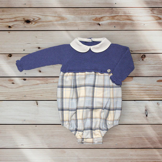 Royal Blue Half Knit Tartan Romper - 12m