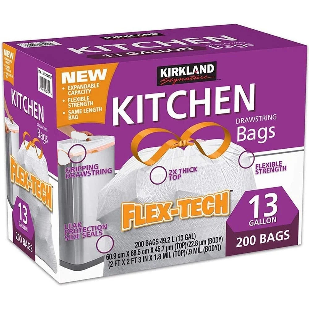 Kirkland Flexi Tech Kitchen Bags Drawstring 13 Gallon 200 Bags