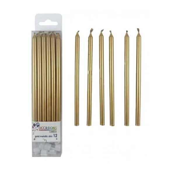 Metallic Slim Candles 120mm Gold 12pk