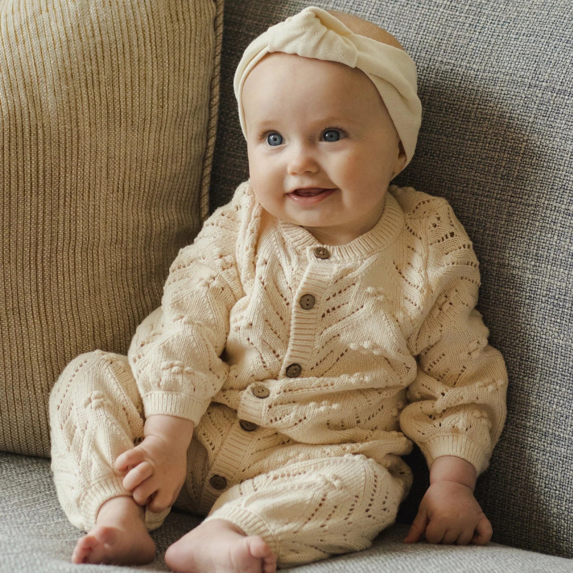 Long Sleeve Bobble Romper / Natural / 3-6m