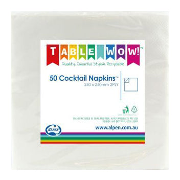 Table Wow Cocktail Napkins White 25x25cm 2ply 50pk