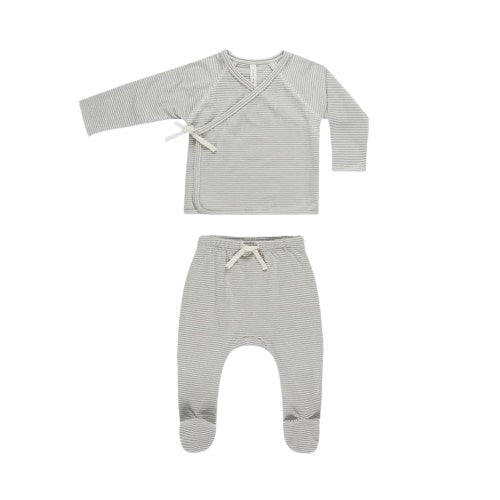 Wrap Top + Footed Pant Set - Blue Micro Stripe 0-3m