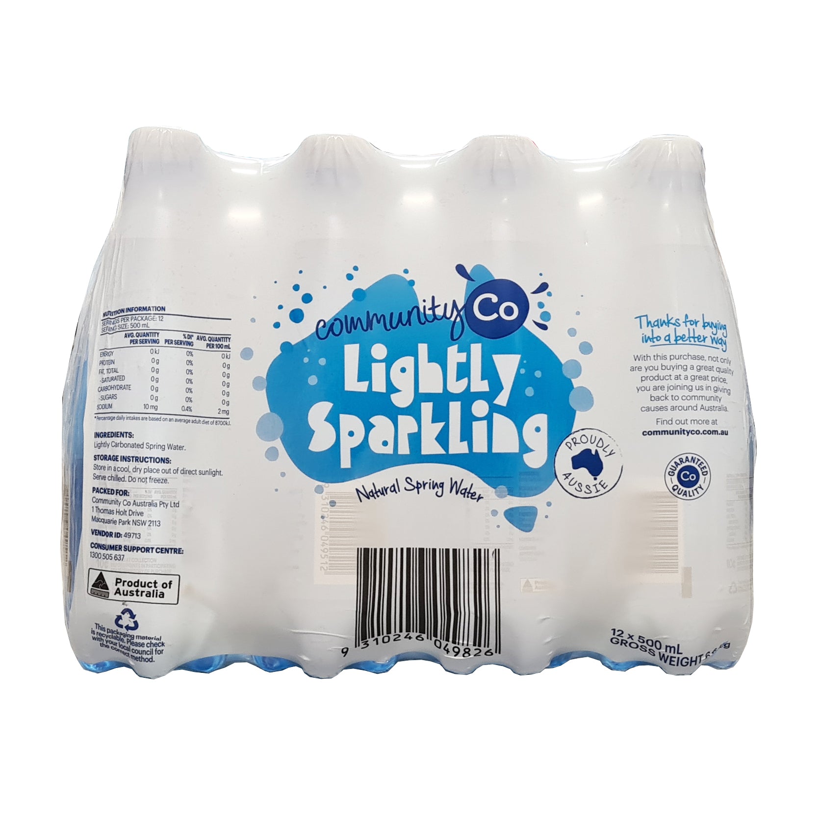 Comm Co Lightly Sparkling Water 500ml x 12pk