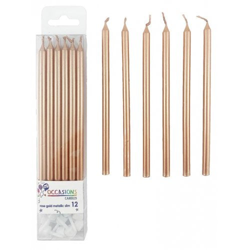 Metallic Slim Candles 120mm Rose Gold 12pk