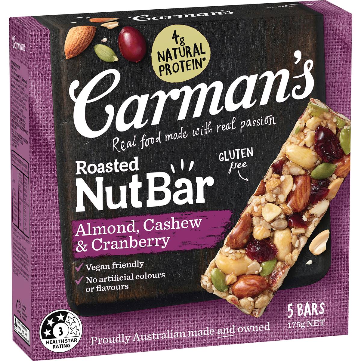 Carman's Roasted Nut Bar Almond, Cashew & Cranberry 5pk 175g