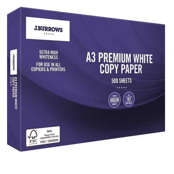 J Burrows A3 Premium Copy Paper 80gsm 500 Sheet Ream